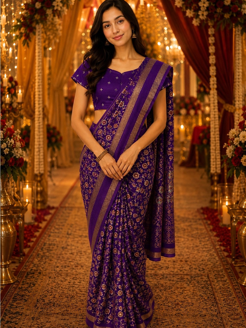 Elegant Purple Marshmallow silk Floral Saree with Gold Accents